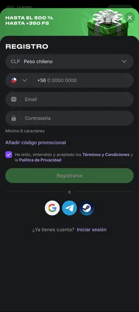 Lucky Star visto en un smartphone: registro con correo, teléfono chileno o redes